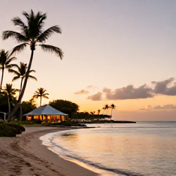 Caribbean Holidays, Martinique Spa Breaks, Peaceful Martinique beach at sunset with palm trees, calm water and a secluded luxury spa hotel in the background