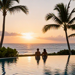 Caribbean Holidays, Martinique Spa Breaks, Peaceful Martinique spa holiday scene at sunset, with a couple beside a tropical pool overlooking the Caribbean Sea