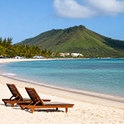 Caribbean Holidays, Martinique Spa Breaks, Quiet Martinique beach in January with soft sand, calm turquoise water, sun loungers and lush green hills in the background