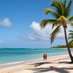 Caribbean Holidays, Martinique Spa Breaks, Quiet Martinique beach in November with soft sunshine, palm trees, clear blue water and a couple walking along the shoreline