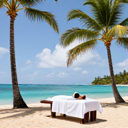 Caribbean Holidays, Martinique Spa Breaks, Relaxing beachfront spa treatment in Martinique during January, with palm trees, turquoise sea and a peaceful tropical setting