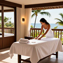 Caribbean Holidays, Martinique Spa Breaks, Relaxing luxury spa treatment in a tropical Martinique resort, soft natural light, elegant surroundings