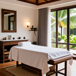 Caribbean Holidays, Martinique Spa Breaks, Relaxing spa treatment in a stylish Martinique wellness resort, with tropical greenery and soft natural light