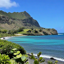 Caribbean Holidays, Martinique Spa Breaks, Scenic Martinique coastline with lush hills, tropical vegetation and clear blue Caribbean water in April sunshine
