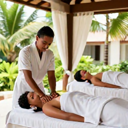 Caribbean Holidays, Martinique Spa Breaks, Spa guests enjoying a massage and facial in a stylish Martinique wellness resort, with tropical greenery and soft natural light