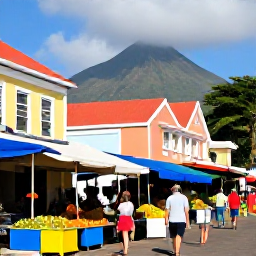 Caribbean Holidays, Martinique Spa Breaks, Travellers exploring a colourful Martinique town, with French Caribbean architecture, market stalls, tropical fruit and Mount Pel&eacute;e in the distance