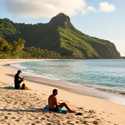 Caribbean Holidays, Martinique Spa Breaks, Visitors enjoying a quiet January morning at Anse Dufour beach in Martinique, with golden sand, clear water and lush green hills