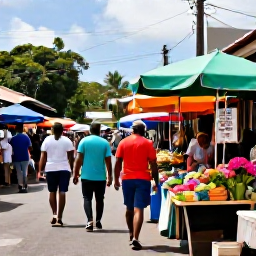 Caribbean Holidays, Martinique Spa Breaks, Visitors walking beside a colourful market in Fort-de-France, Martinique, with tropical produce, flowers and local crafts on a bright June day