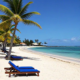 Caribbean Holidays, Martinique Spa Breaks, White sandy beach near a Martinique resort, with turquoise water, sun loungers and palm trees in bright December weather