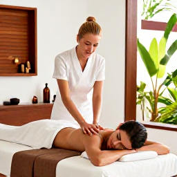 Caribbean Holidays, Martinique Spa Breaks, Woman receiving a relaxing massage in a bright Martinique spa, with natural oils, wooden details and tropical plants