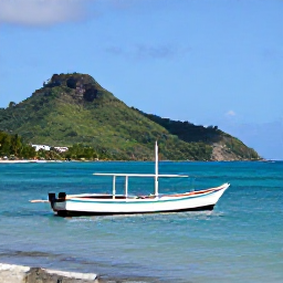 Caribbean Holidays, Martinique Tours, A bright coastal view of Martinique in July, with turquoise sea, green hills and a traditional fishing boat