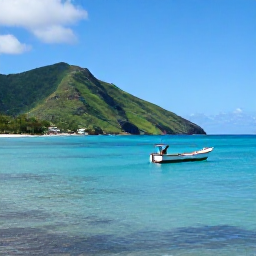 Caribbean Holidays, Martinique Tours, A bright coastal view of Martinique in June, with turquoise sea, green hills and a small traditional fishing boat
