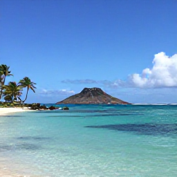 Caribbean Holidays, Martinique Tours, A bright coastal view of Martinique in October, with turquoise water, palm trees and a small boat near a volcanic island shore