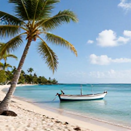 Caribbean Holidays, Martinique Tours, A bright February morning on a Martinique beach, with calm turquoise water, palm trees and a small traditional fishing boat