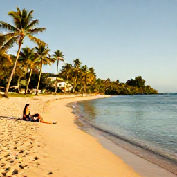Caribbean Holidays, Martinique Tours, A calm Caribbean beach in Martinique with golden sand, clear shallow water, palm trees and a couple enjoying a relaxed October afternoon