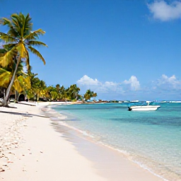 Caribbean Holidays, Martinique Tours, A calm Caribbean beach in Martinique with palm trees, pale sand, clear shallow water and a small boat offshore