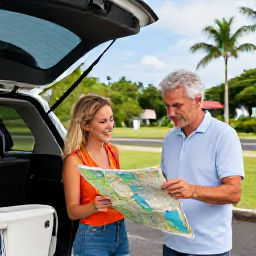Caribbean Holidays, Martinique Tours, A couple planning a day trip in Martinique beside a rental car, with a map, comfortable clothing and tropical scenery around them