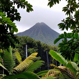 Caribbean Holidays, Martinique Tours, A guided rainforest walk in northern Martinique, with lush tropical plants, a waterfall and Mount Pel&eacute;e rising in the distance