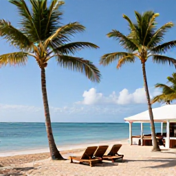 Caribbean Holidays, Martinique Tours, A peaceful Martinique beach in July with palm trees, calm turquoise water, sun loungers and a small beach caf&eacute;