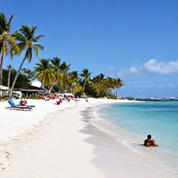 Caribbean Holidays, Martinique Tours, A peaceful white-sand beach in Martinique with clear blue water, palm trees, sun loungers and a couple enjoying a swim