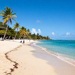 Caribbean Holidays, Martinique Tours, A quiet golden beach in Martinique with clear blue water, palm trees and a snorkeller near the shore