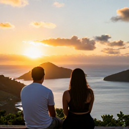 Caribbean Holidays, Martinique Tours, A relaxed couple enjoying a sunset view over the hills and coastline of Martinique after a day of touring