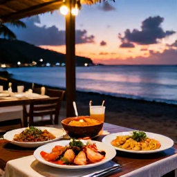 Caribbean Holidays, Martinique Tours, A relaxed evening in a Martinique seaside restaurant, with Creole dishes, fresh seafood and a sunset over the Caribbean coast