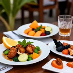 Caribbean Holidays, Martinique Tours, A relaxed evening table in Martinique with Creole dishes, fresh seafood, tropical fruit and a glass of local rum