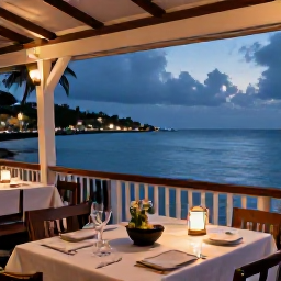 Caribbean Holidays, Martinique Tours, A relaxed Martinique evening at a waterfront restaurant, with Creole food, soft lights and views over the Caribbean Sea
