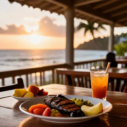 Caribbean Holidays, Martinique Tours, A rustic Martinique restaurant terrace at sunset serving Creole food, with grilled fish, tropical fruit and a chilled drink on the table