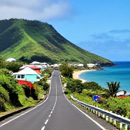Caribbean Holidays, Martinique Tours, A scenic Martinique coastal road leading towards Les Anses-d'Arlet, with green hills, turquoise sea and colourful Caribbean houses
