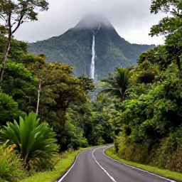 Caribbean Holidays, Martinique Tours, A scenic Martinique road winding through emerald rainforest towards Mount Pel&eacute;e, with waterfalls and misty tropical hills in the background