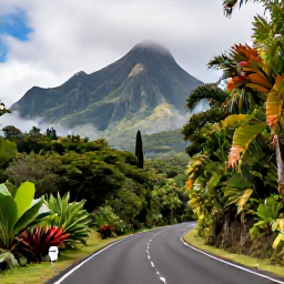 Caribbean Holidays, Martinique Tours, A scenic Martinique road winding through lush rainforest towards Mount Pel&eacute;e, with tropical plants and dramatic mountain scenery