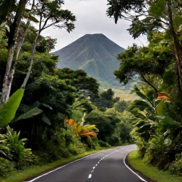 Caribbean Holidays, Martinique Tours, A scenic Martinique road winding through lush rainforest towards Mount Pel&eacute;e, with tropical vegetation and distant mountain views