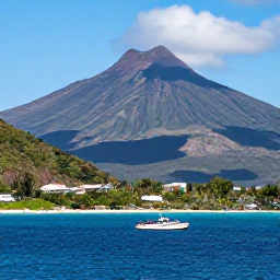 Caribbean Holidays, Martinique Tours, A small tour boat cruising along the dramatic northern coast of Martinique, with Mount Pel&eacute;e, jungle-covered slopes and clear blue sea