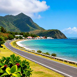 Caribbean Holidays, Martinique Tours, A sunny coastal road beside turquoise Caribbean water in Martinique, with tropical hills and a small fishing village