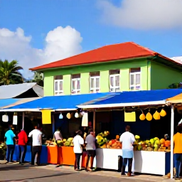 Caribbean Holidays, Martinique Tours, Bright January morning at a colourful Martinique market, with tropical fruit stalls, local shoppers and traditional Caribbean architecture