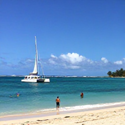 Caribbean Holidays, Martinique Tours, Catamaran sailing beside a turquoise bay in Martinique, with snorkellers near a quiet beach