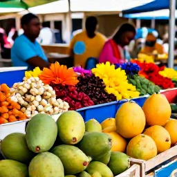 Caribbean Holidays, Martinique Tours, Colourful Fort-de-France market stalls filled with tropical fruit, spices and flowers, with local shoppers in the background