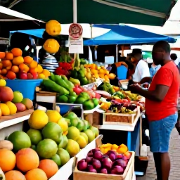 Caribbean Holidays, Martinique Tours, Colourful Fort-de-France market stalls filled with tropical fruit, spices and local produce, with shoppers browsing