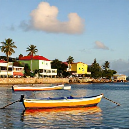 Caribbean Holidays, Martinique Tours, Colourful Martinique waterfront with traditional boats, palm trees and Fort-de-France in warm August sunshine