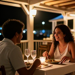 Caribbean Holidays, Martinique Tours, Couple enjoying a Creole dinner at an outdoor restaurant in Martinique during a warm January evening