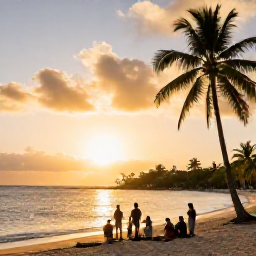 Caribbean Holidays, Martinique Tours, Golden beach at sunset in Martinique with palm trees and a small group enjoying a guided island excursion