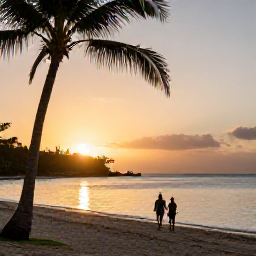 Caribbean Holidays, Martinique Tours, Golden Martinique beach at sunset in December, with calm Caribbean water, palm trees and a couple enjoying a peaceful coastal walk