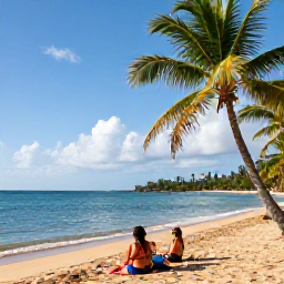 Caribbean Holidays, Martinique Tours, Golden sandy beach in Martinique with palm trees, calm blue water and a couple relaxing after a day tour