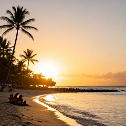 Caribbean Holidays, Martinique Tours, Golden sunset over a Martinique beach with calm Caribbean waves, palm trees and relaxed visitors enjoying the evening