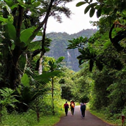 Caribbean Holidays, Martinique Tours, Guided tour through a lush Martinique rainforest with a waterfall, volcanic hills and travellers walking beneath tropical trees