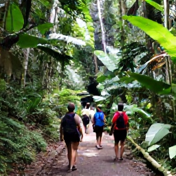 Caribbean Holidays, Martinique Tours, Guided walk through lush Martinique rainforest with a waterfall, tropical plants and visitors on a shaded trail