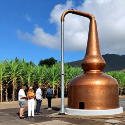 Caribbean Holidays, Martinique Tours, Historic rum distillery in Martinique surrounded by sugar cane fields, with visitors touring copper stills and tasting local rum