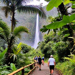 Caribbean Holidays, Martinique Tours, Lush Martinique rainforest trail leading to a tropical waterfall, with visitors walking beneath tall palms and dense green foliage